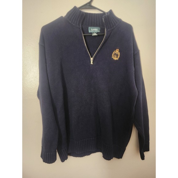 Vintage Lauren Ralph Lauren Navy Crest Logo 1/4 Zip Knit Sweater Cotton Large - Picture 1 of 5